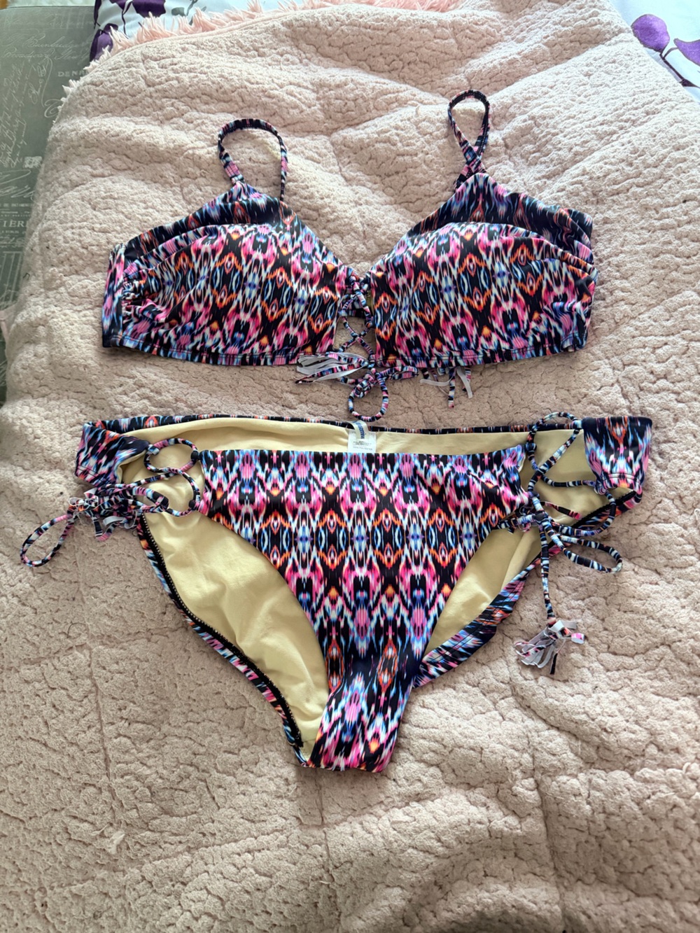 Swimsuits For All Multicolor Ikat Lace-Up Bikini — Pink, Blue, Black